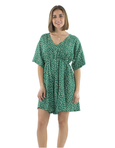 Viscose short elastic belt dress with short sleeves and Feline print