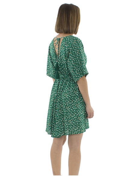 Viscose short elastic belt dress with short sleeves and Feline print