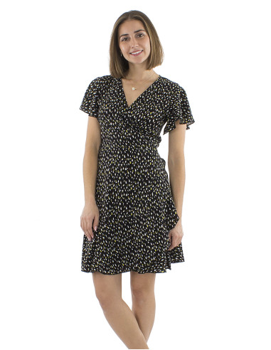 Viscose wrapped dress with short sleeves and Feline print