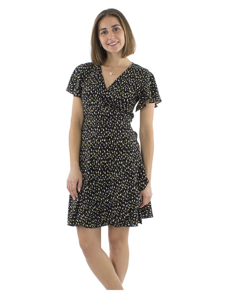 Viscose wrapped dress with short sleeves and Feline print