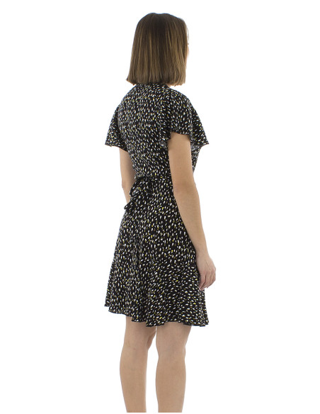 Viscose wrapped dress with short sleeves and Feline print