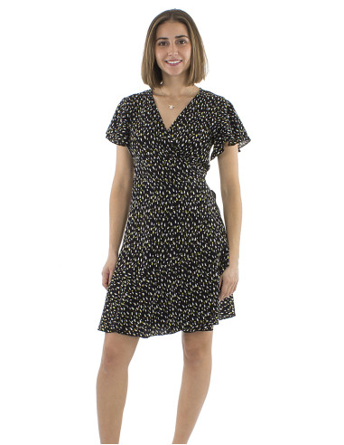 Viscose wrapped dress with short sleeves and Feline print