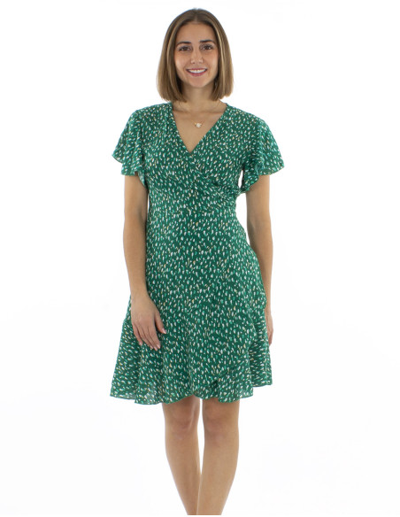 Viscose wrapped dress with short sleeves and Feline print