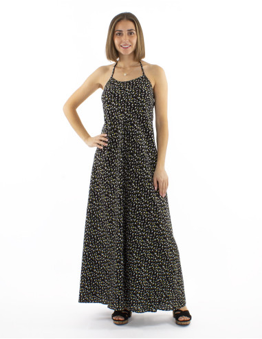 Viscose long backless dress with Feline print