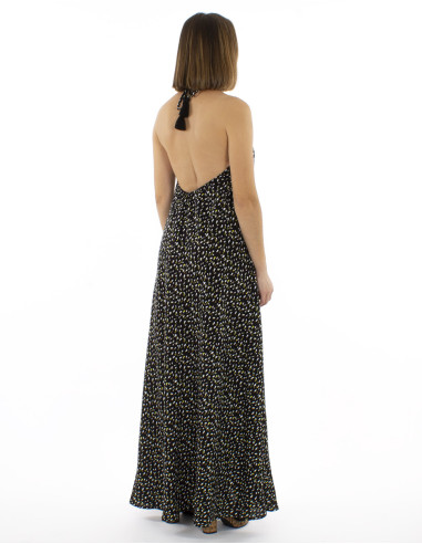 Viscose long backless dress with Feline print