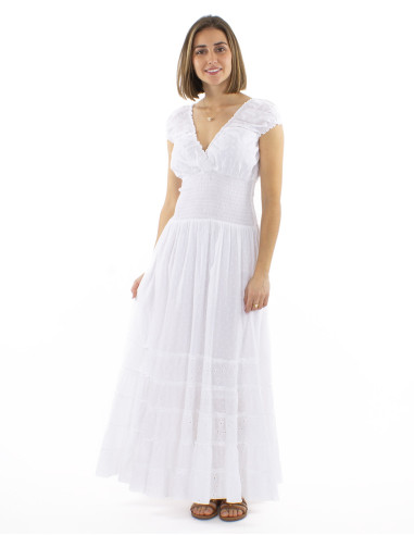 Cotton white elastic belt dress with embroideries and lining