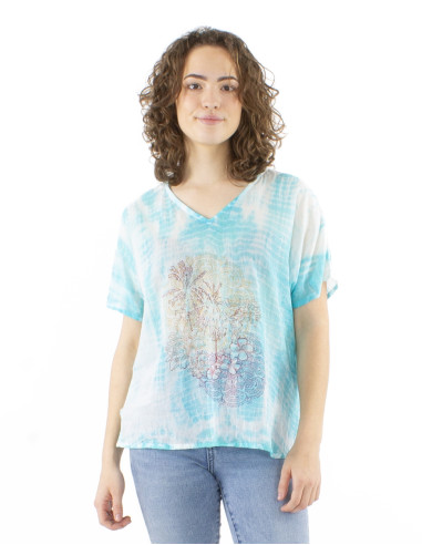 Tee shirt voile de coton avec tampons col V