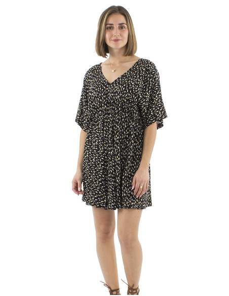 Viscose short elastic belt dress with short sleeves and Feline print
