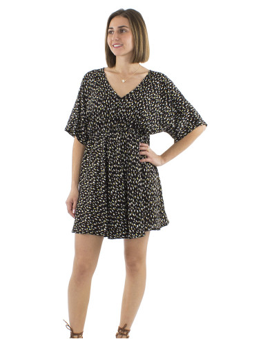 Viscose short elastic belt dress with short sleeves and Feline print