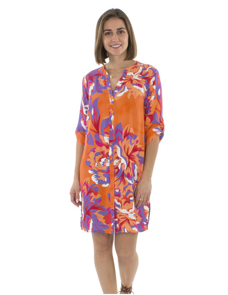 Robe tunique viscose boutonnée manches 3/4 imprimé Camélia