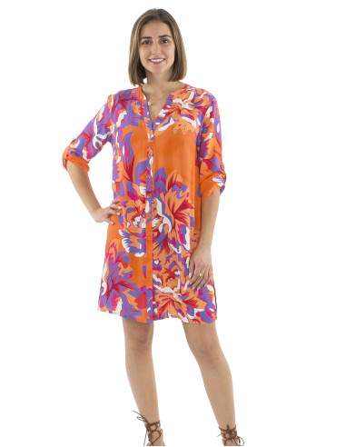 Robe tunique viscose boutonnée manches 3/4 imprimé Camélia