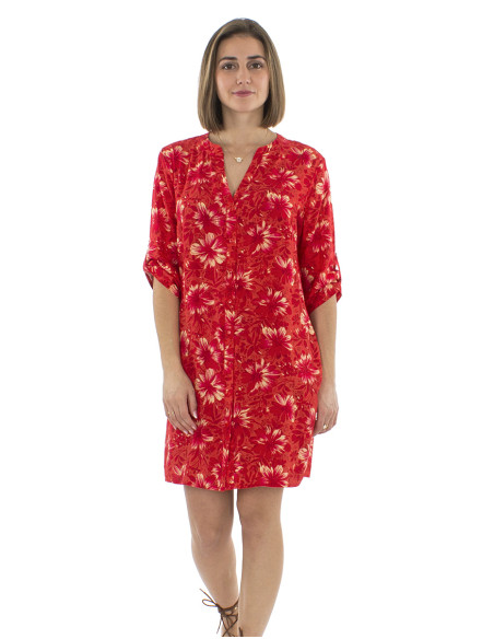 Viscose buttoned tunic dress with 3/4 sleeves and Cassandra print