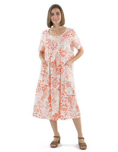 70% viscose 30% linen dress with short sleeves and Nature print