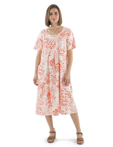 70% viscose 30% linen dress with short sleeves and Nature print