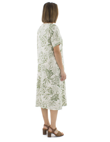 70% viscose 30% linen dress with short sleeves and Nature print
