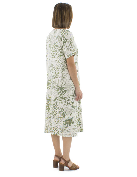 70% viscose 30% linen dress with short sleeves and Nature print