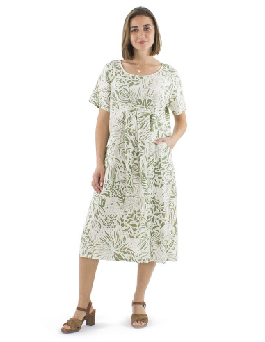 70% viscose 30% linen dress with short sleeves and Nature print