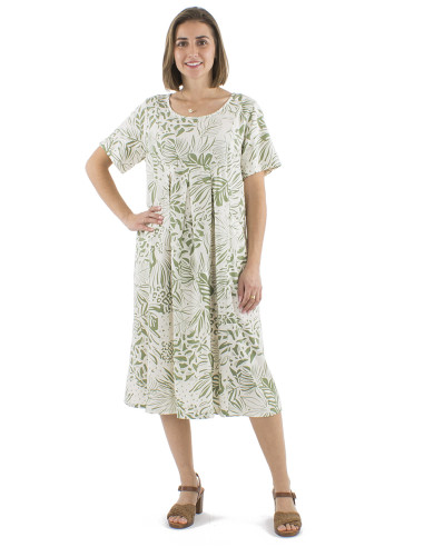 70% viscose 30% linen dress with short sleeves and Nature print
