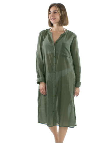 Robe voile coton uni boutonnée manches longues