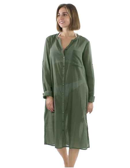 Robe voile coton uni boutonnée manches longues