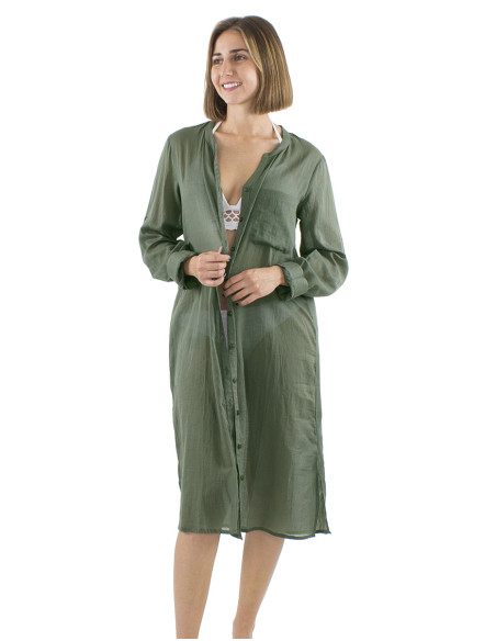 Robe voile coton uni boutonnée manches longues