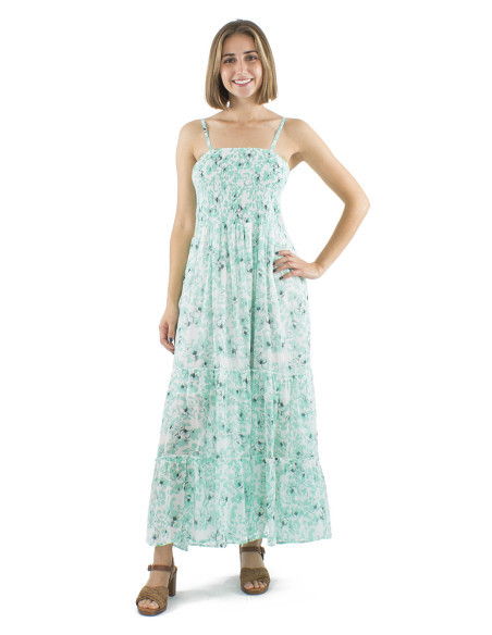 Cotton voile long dress with stripes and Bali print