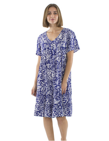 Viscose v-neck dress with short sleeves and Magnolia print