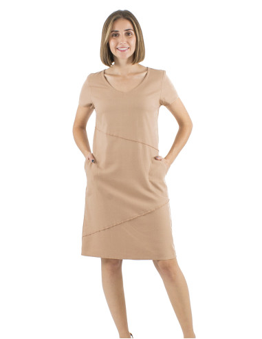 54% linen 46% viscose dress with v-neck and short sleeves