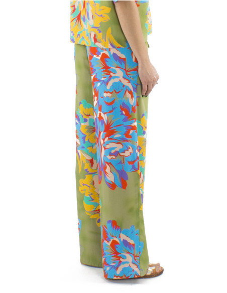 Viscose pants with large elastic belt and Camelia print
