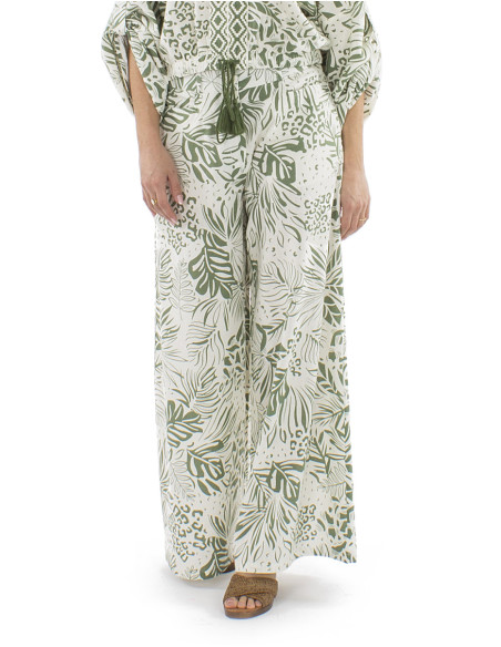 70% viscose 30% linen pants with 2 buttons and Nature print
