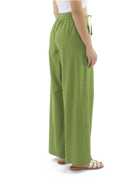 Cotton plain pants with embroideries and elastic belt