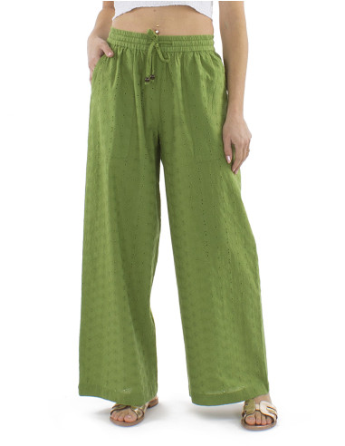 Cotton plain pants with embroideries and elastic belt