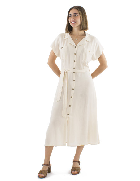 Robe longue 91% viscose 9% lin boutonnée 2 poches poitrine