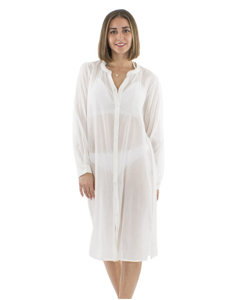 Robe voile coton uni boutonnée manches longues