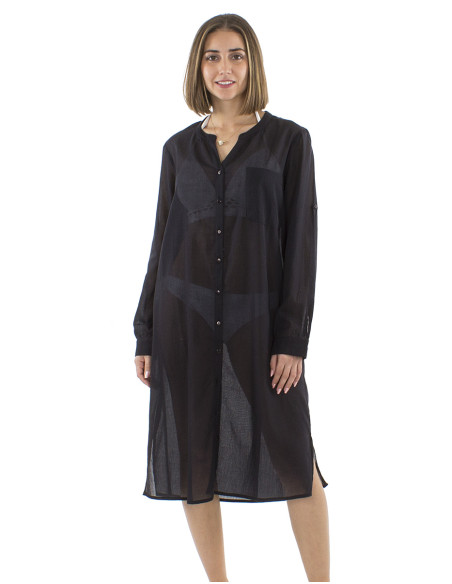 Robe voile coton uni boutonnée manches longues