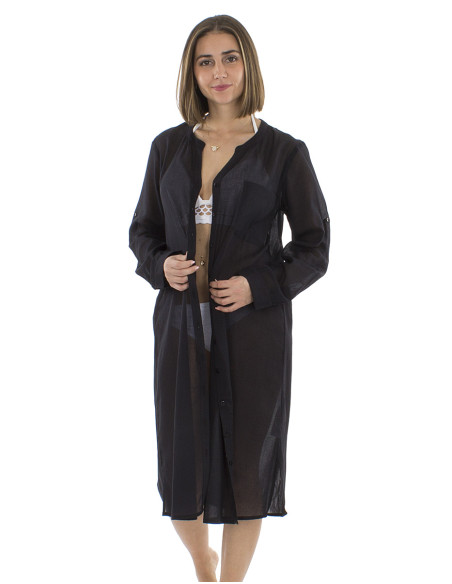 Robe voile coton uni boutonnée manches longues