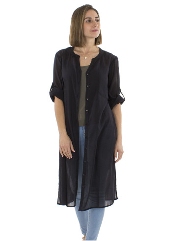 Robe voile coton uni boutonnée manches longues