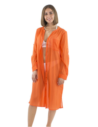 Cotton voile plain dress with buttons and long sleeves