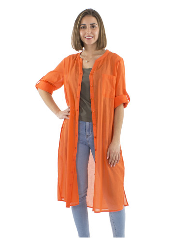 Robe voile coton uni boutonnée manches longues