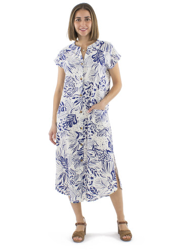 70% viscose 30%linen buttonned dress with 2 pockets and Nature print