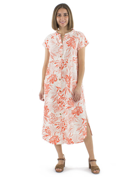 70% viscose 30%linen buttonned dress with 2 pockets and Nature print