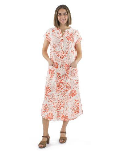 70% viscose 30%linen buttonned dress with 2 pockets and Nature print