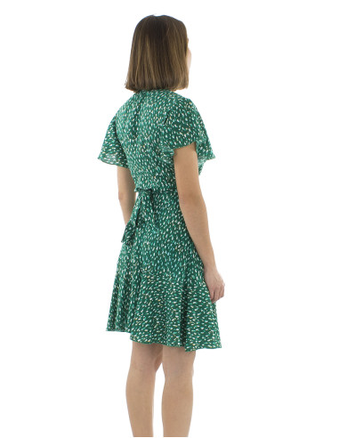 Viscose wrapped dress with short sleeves and Feline print
