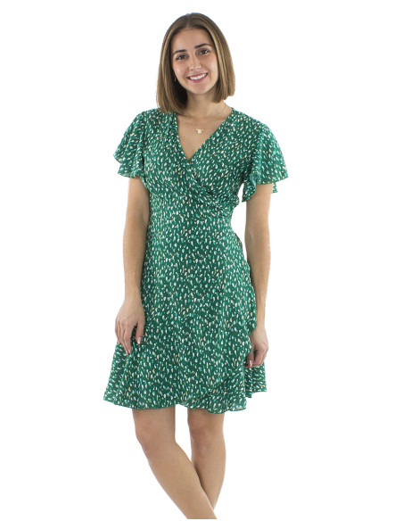 Viscose wrapped dress with short sleeves and Feline print