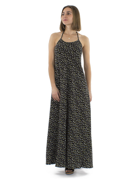 Viscose long backless dress with Feline print