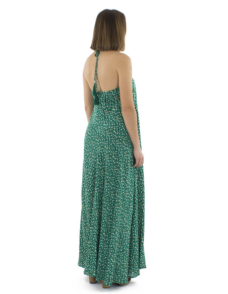 Viscose long backless dress with Feline print