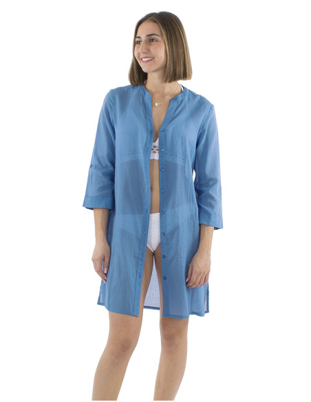 Tunique voile de coton unie plage manches 3/4