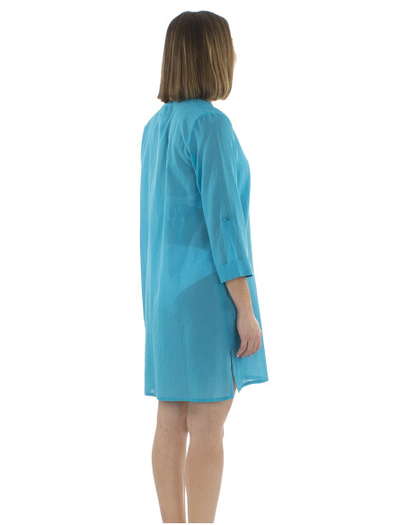 Tunique voile de coton unie plage manches 3/4
