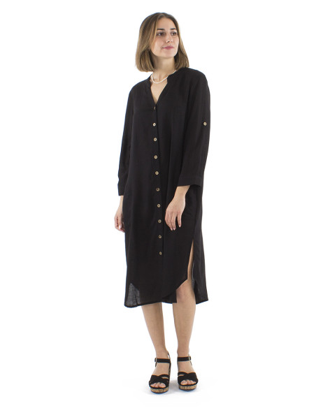 Robe tunique longue 91% viscose 9% lin boutonnée