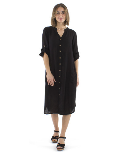 Robe tunique longue 91% viscose 9% lin boutonnée